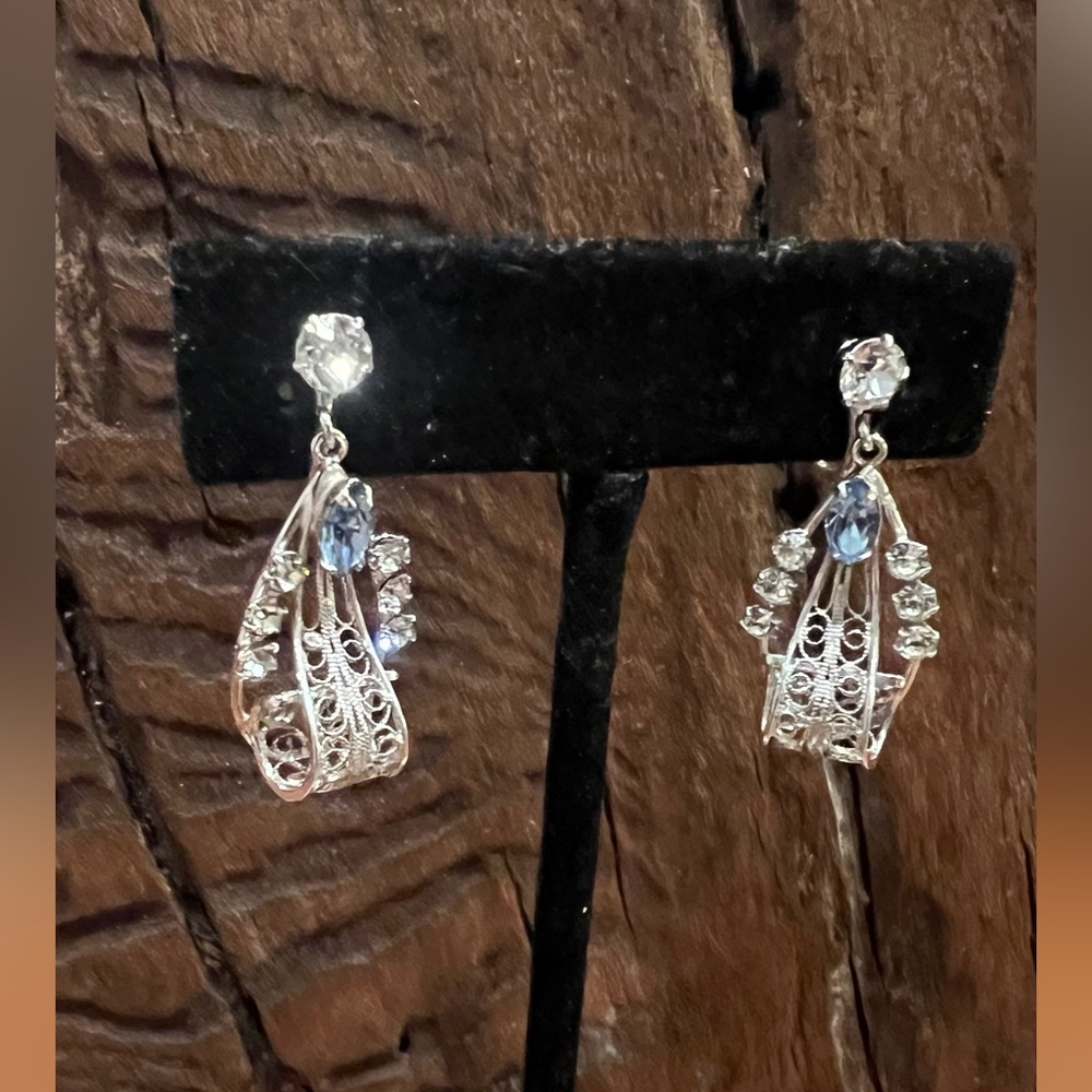 Vintage Carl Art Earrings Sterling Blue Topaz Filigree Dangles Screw Back Silver